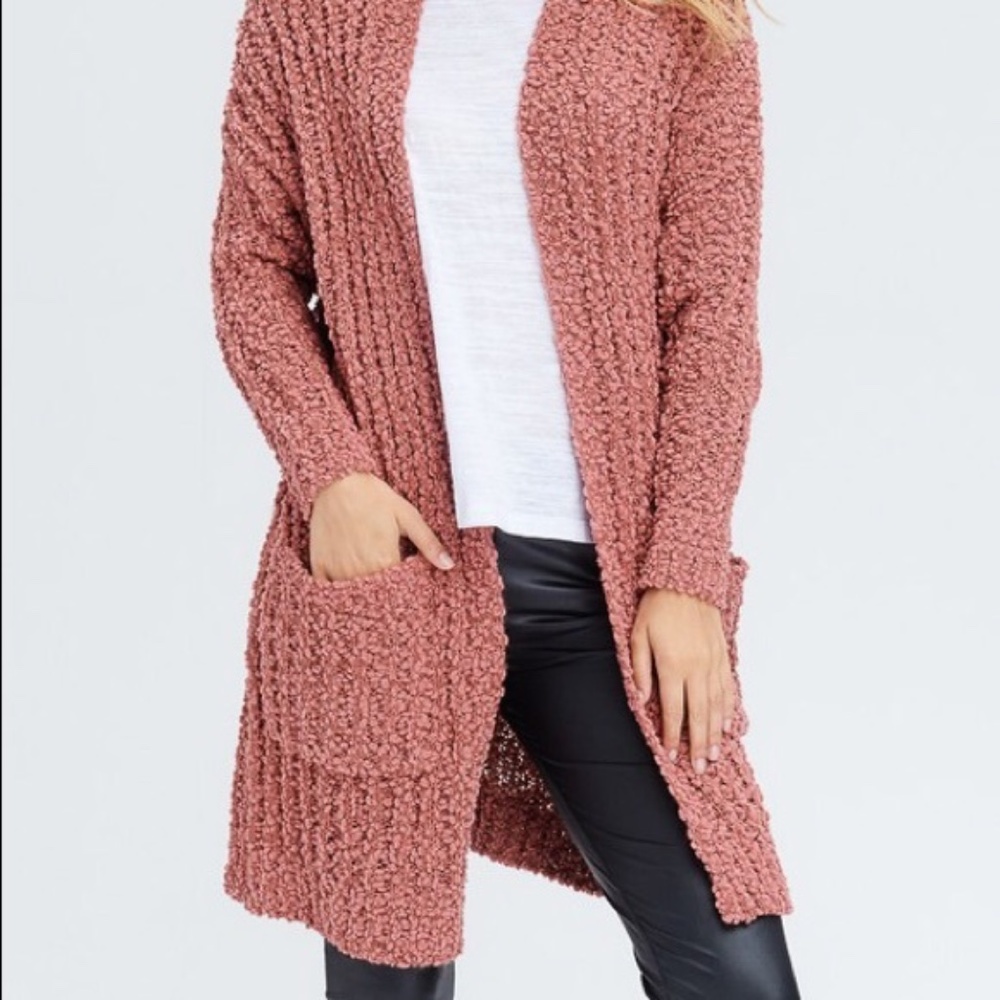 SOLD OUT Soft Mauve Knit Textured Popcorn Long Cardigan Sweater W/ Pockets - Picture 2 of 4